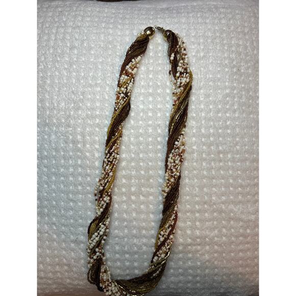 Vintage Honey Beaded Necklace Multi Strand Glass Braided Brown Cream Gold - Picture 2 of 7